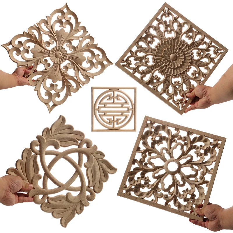 Decorative Wood Appliques Unique Exquisite Natural Floral Wooden Carved Onlay Decal Figurines Home Furniture Door Decor Square