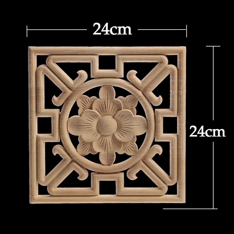 Decorative Wood Appliques Unique Exquisite Natural Floral Wooden Carved Onlay Decal Figurines Home Furniture Door Decor Square