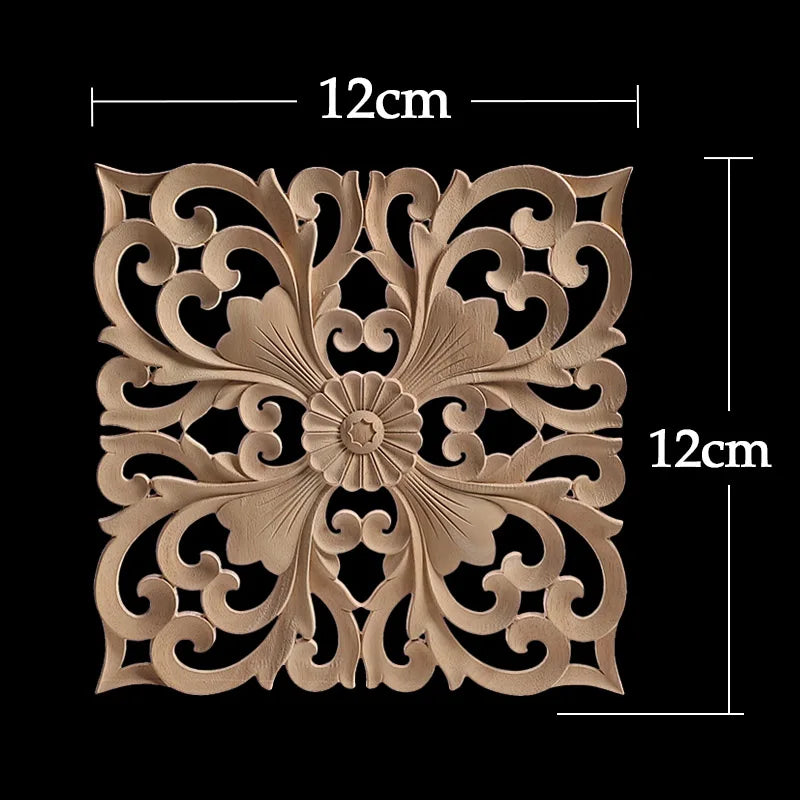 Decorative Wood Appliques Unique Exquisite Natural Floral Wooden Carved Onlay Decal Figurines Home Furniture Door Decor Square