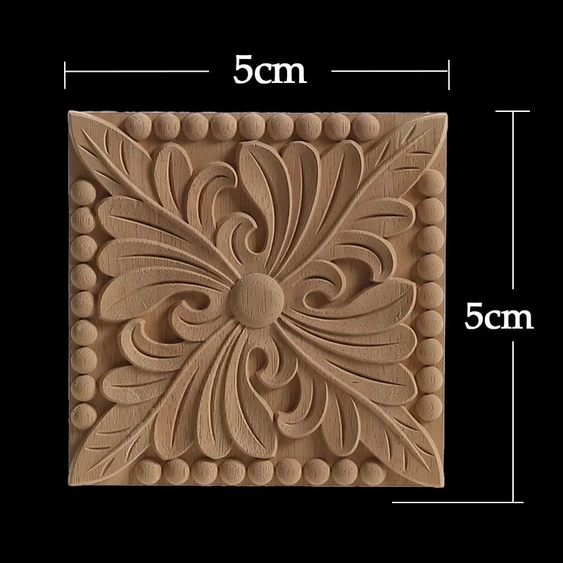 Decorative Wood Appliques Unique Exquisite Natural Floral Wooden Carved Onlay Decal Figurines Home Furniture Door Decor Square