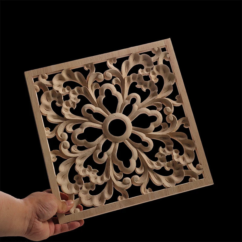 Decorative Wood Appliques Unique Exquisite Natural Floral Wooden Carved Onlay Decal Figurines Home Furniture Door Decor Square