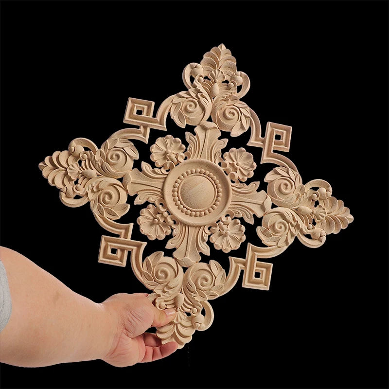 Decorative Wood Appliques Unique Exquisite Natural Floral Wooden Carved Onlay Decal Figurines Home Furniture Door Decor Square