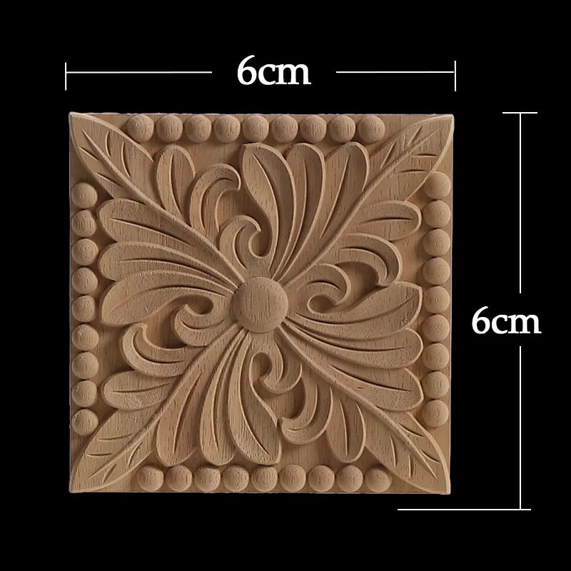 Decorative Wood Appliques Unique Exquisite Natural Floral Wooden Carved Onlay Decal Figurines Home Furniture Door Decor Square