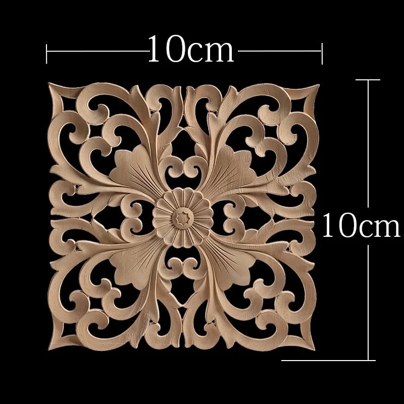 Decorative Wood Appliques Unique Exquisite Natural Floral Wooden Carved Onlay Decal Figurines Home Furniture Door Decor Square