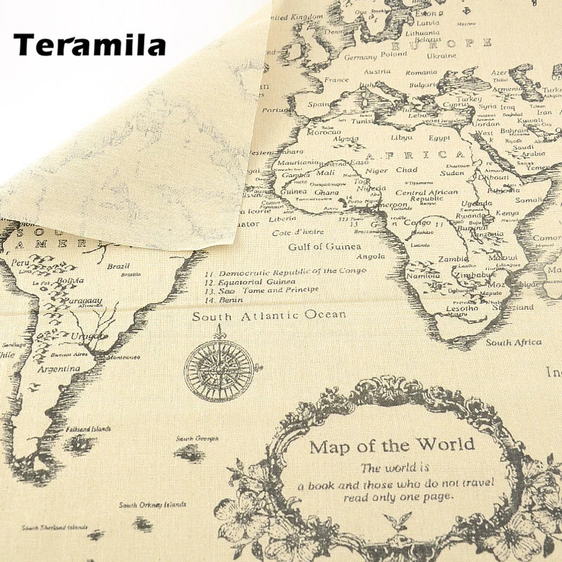 TERAMILA Cotton linen fabrics Map of the Word Home décor Sewing Material for Tablecloth Pillow Curtain Cushion Tissu