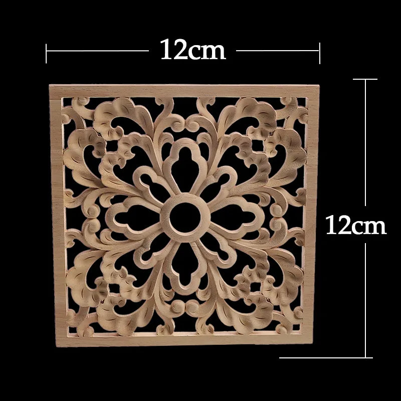 Decorative Wood Appliques Unique Exquisite Natural Floral Wooden Carved Onlay Decal Figurines Home Furniture Door Decor Square