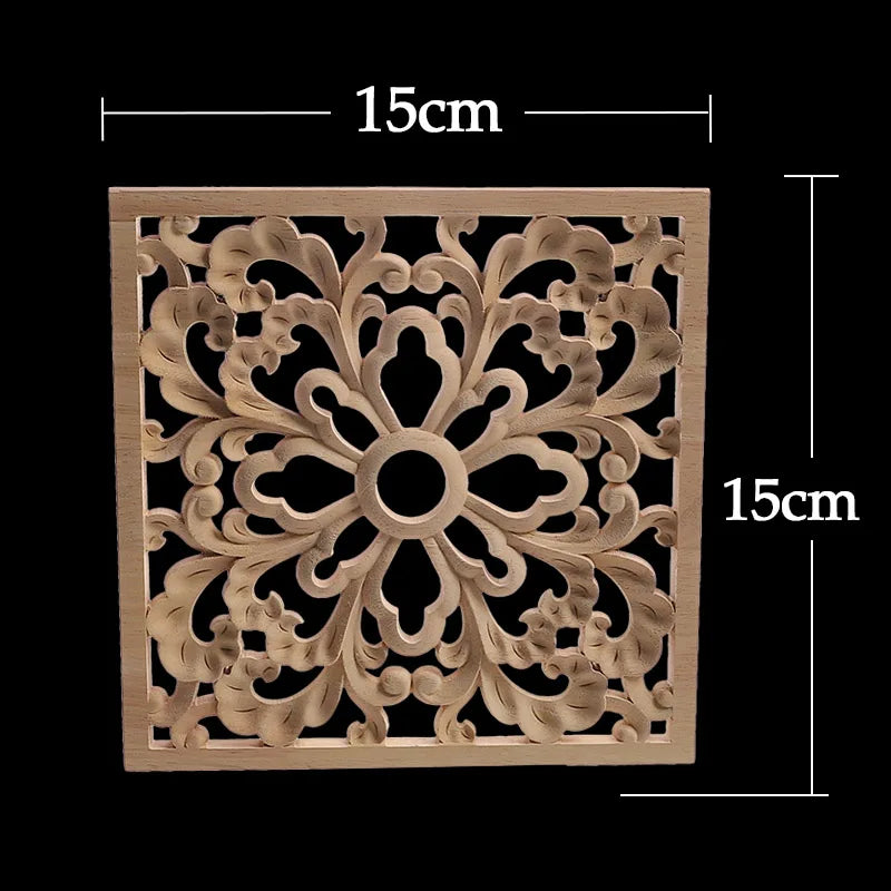 Decorative Wood Appliques Unique Exquisite Natural Floral Wooden Carved Onlay Decal Figurines Home Furniture Door Decor Square
