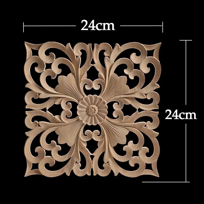 Decorative Wood Appliques Unique Exquisite Natural Floral Wooden Carved Onlay Decal Figurines Home Furniture Door Decor Square