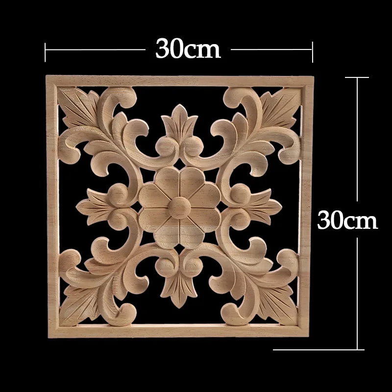 Decorative Wood Appliques Unique Exquisite Natural Floral Wooden Carved Onlay Decal Figurines Home Furniture Door Decor Square