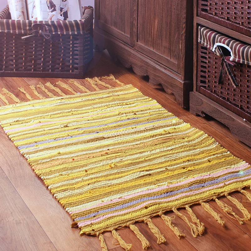 Cotton Cloth Retro Handmade Tassel Rug and Carpet for Home Living Room Tapestry Absorbent Floor Area Mat for Kitchen Boho Decor