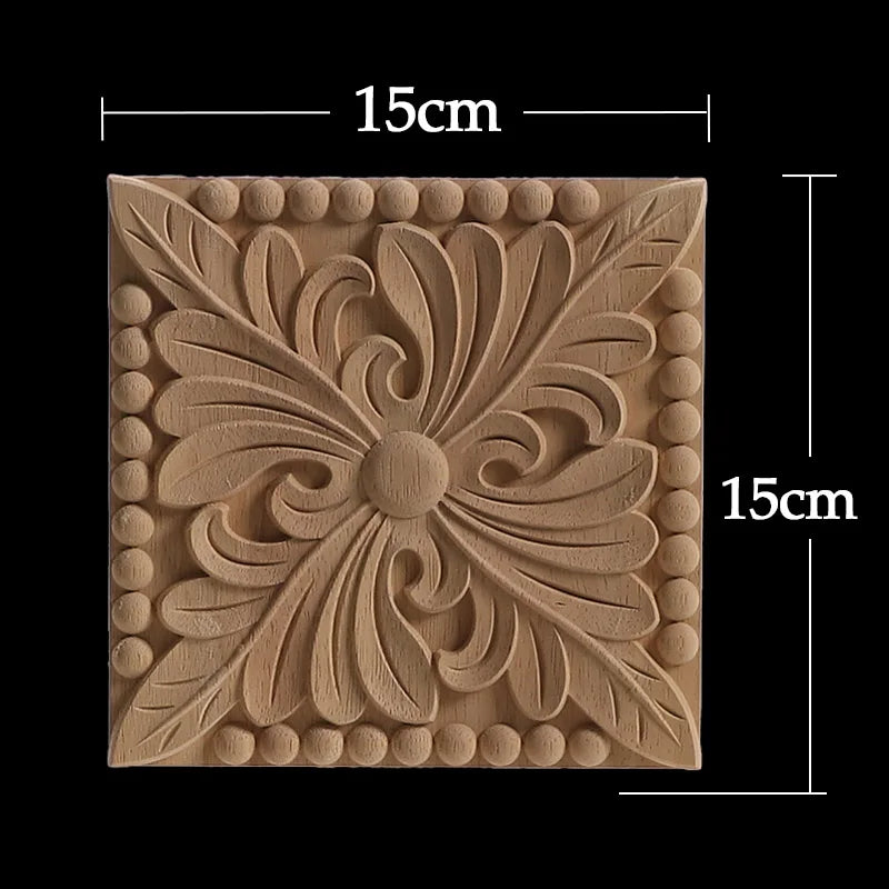 Decorative Wood Appliques Unique Exquisite Natural Floral Wooden Carved Onlay Decal Figurines Home Furniture Door Decor Square