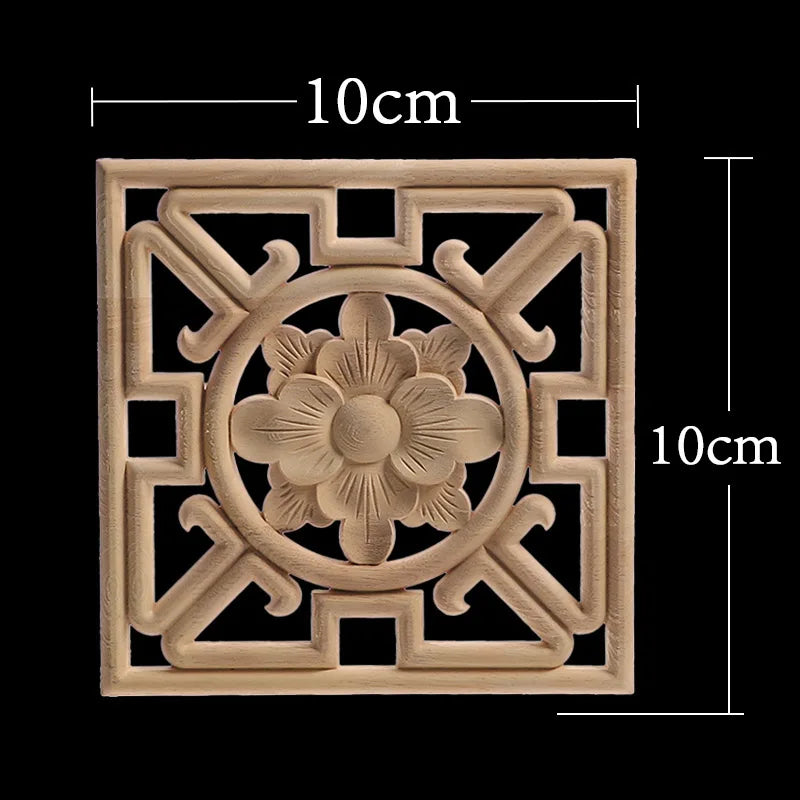 Decorative Wood Appliques Unique Exquisite Natural Floral Wooden Carved Onlay Decal Figurines Home Furniture Door Decor Square