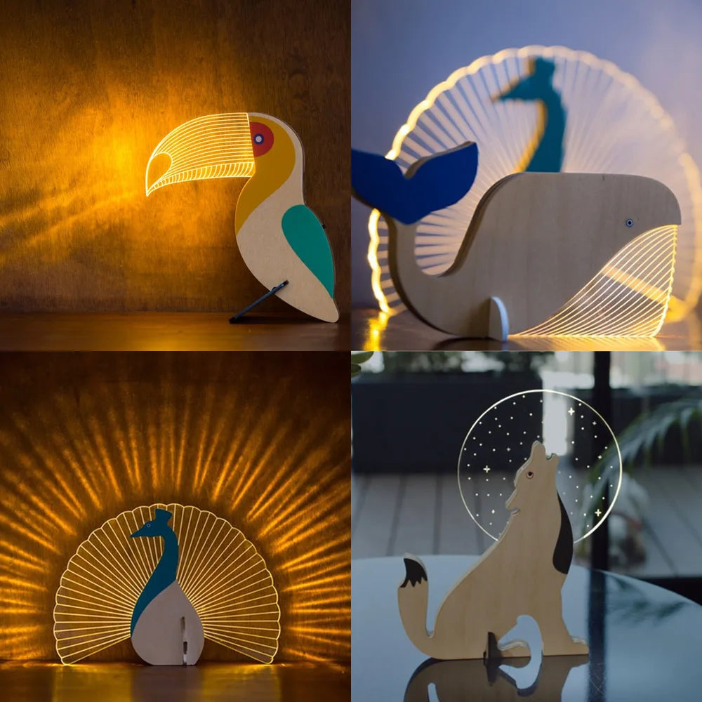 Creative Home Decorate Animal Luminous Ornaments Wood Acrylic Art Table Ornaments Pelican Sirius Whale Toucan Room Decor