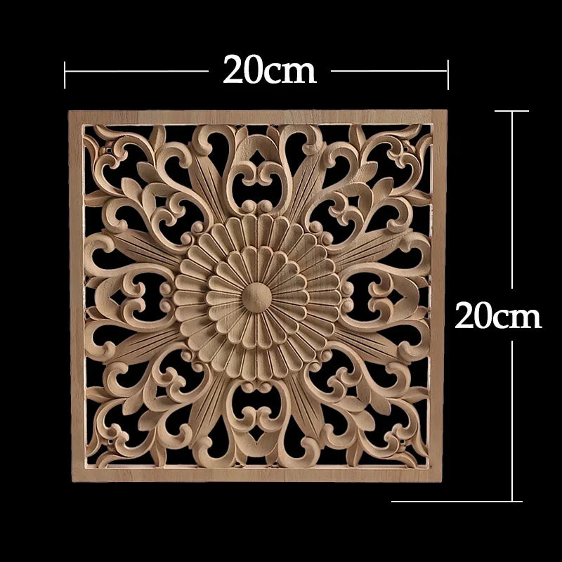 Decorative Wood Appliques Unique Exquisite Natural Floral Wooden Carved Onlay Decal Figurines Home Furniture Door Decor Square
