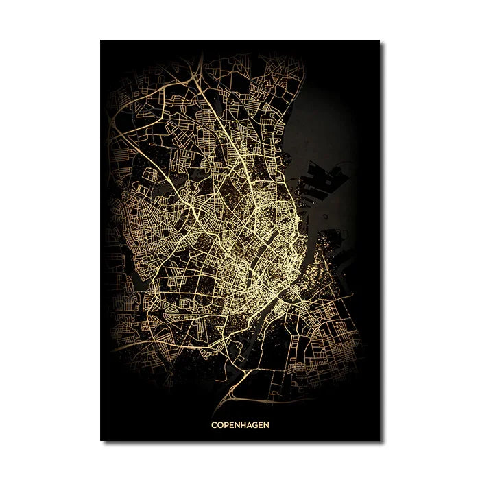Classic Abstract Wall Art – Black and Gold World City Map HD Canvas Print Poster for Home, Living Room, and Bedroom Decor