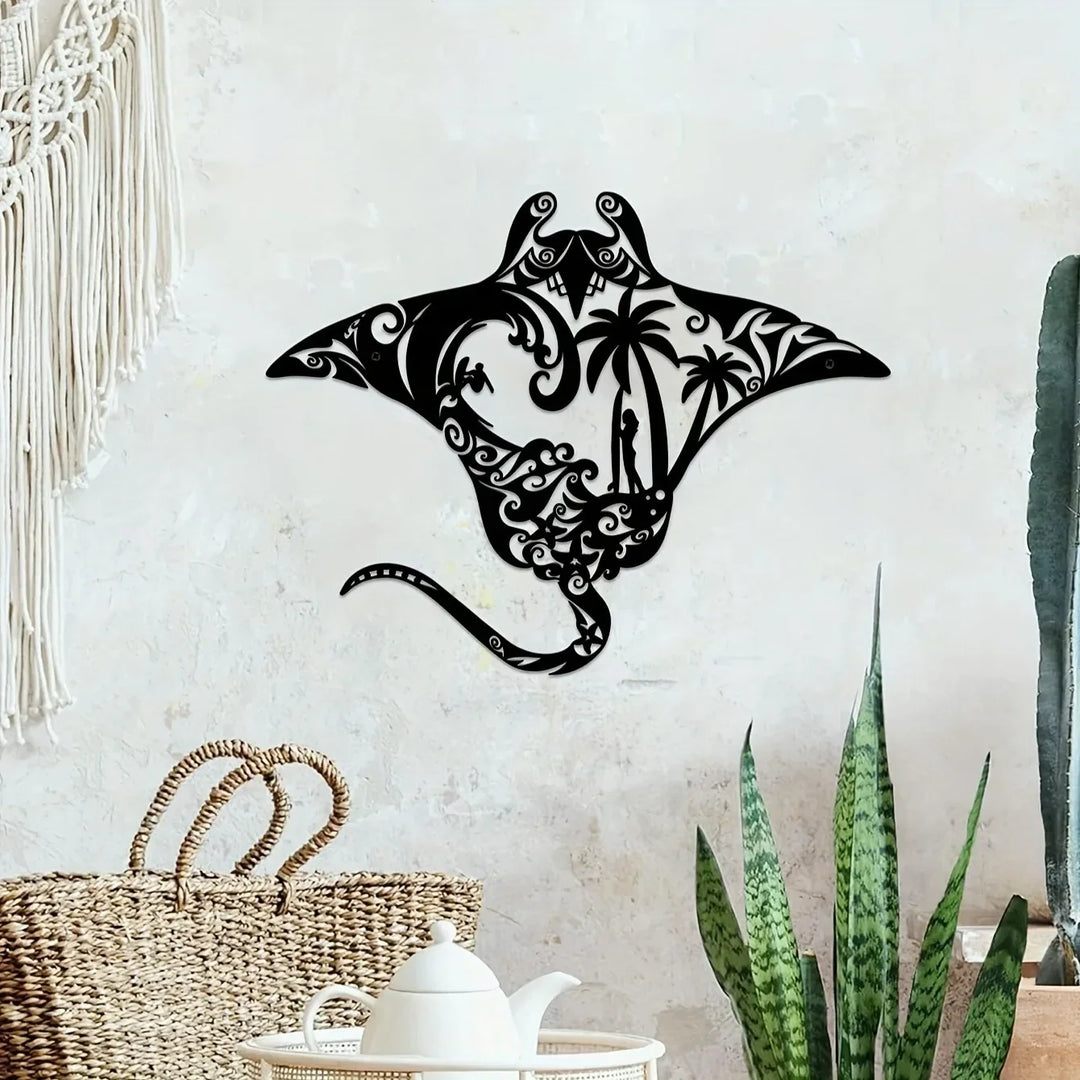 Coastal Charm Metal Manta Ray Wall Art - Beach-Themed Decor With Surfboard, Waves, Iron Art, Wall decoration, Wall Sticker