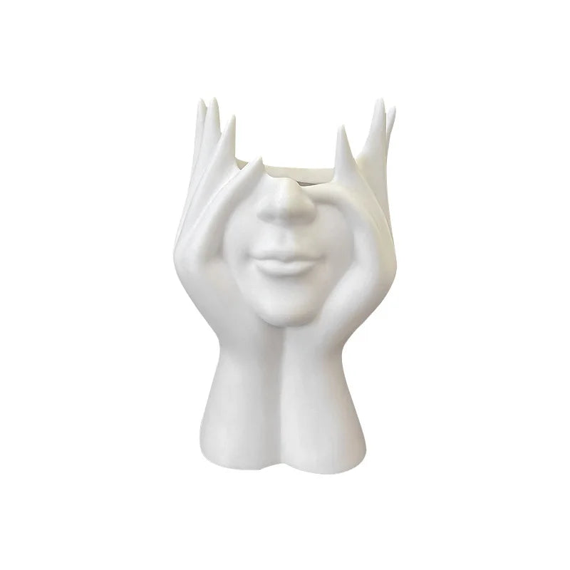 Decorative Face Makeup Brush Holder, White Tabletop Organizer, Modern Art Storage Container for Cosmetic Tools and Stationery