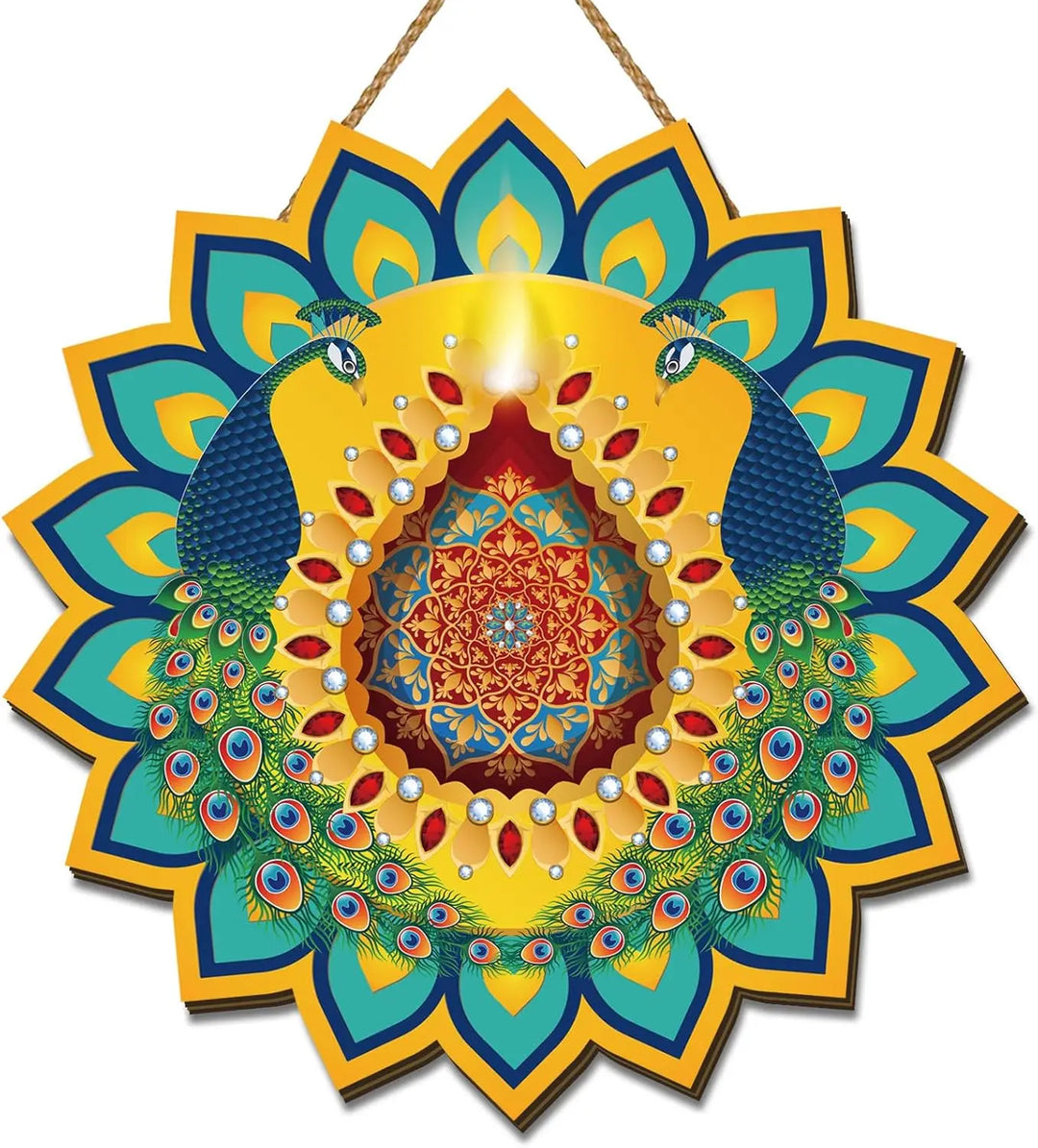 Diwali Decorations for Home – Festive Wooden Door Sign with Indian Motifs for Deepawali, Weddings of Lights Celebrations