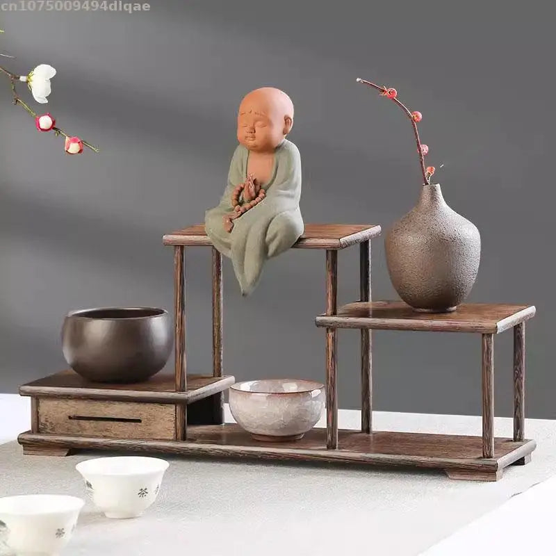 Natural Solid Wood Decorative Shelves for Wine Tea Sets Pedestal Crafts Vase Flower Pot Bonsai Buddha Display Stand Storage Rack