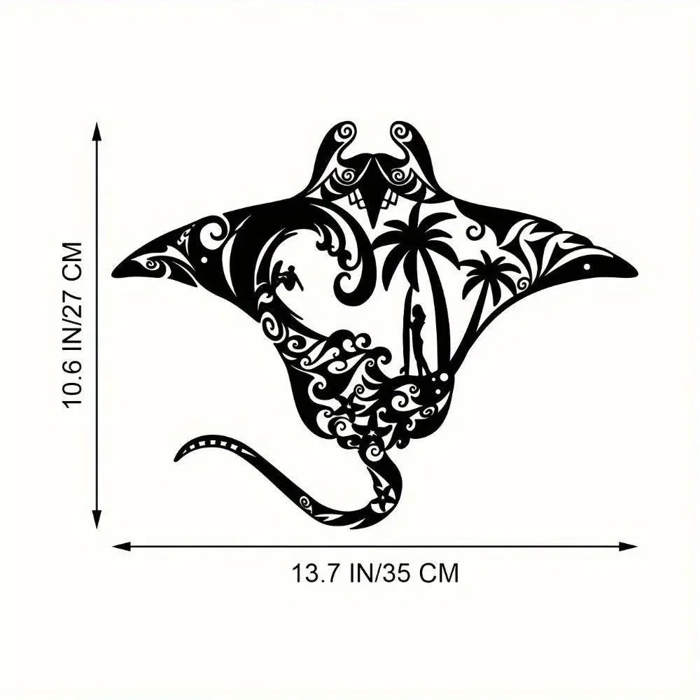 Coastal Charm Metal Manta Ray Wall Art - Beach-Themed Decor with Surfboard, Waves, Starfish & Palm Silhouette for Living Room