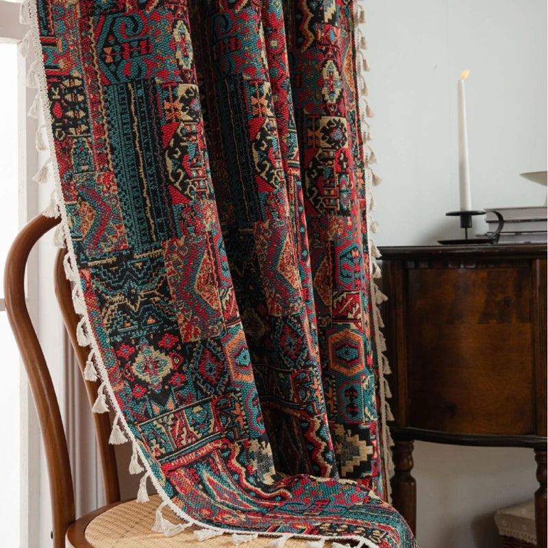 Bohemian Style Curtains Jacquard Geometric Tassel Curtain Finished Kitchen Valance Bedroom Living Room Semi-blackout Drapes