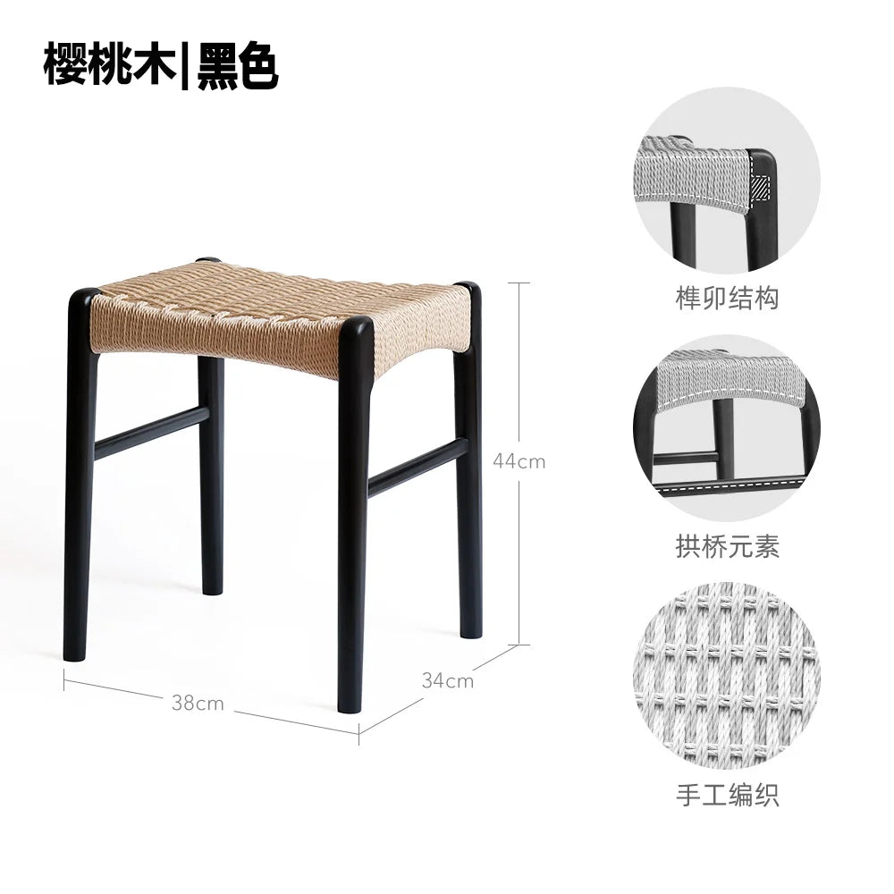 Vintage Woven Dressing Stool, Home Cherry Wood Sofa Side Table, Entryway Shoe Bench, Retro Solid Wood Square Stool