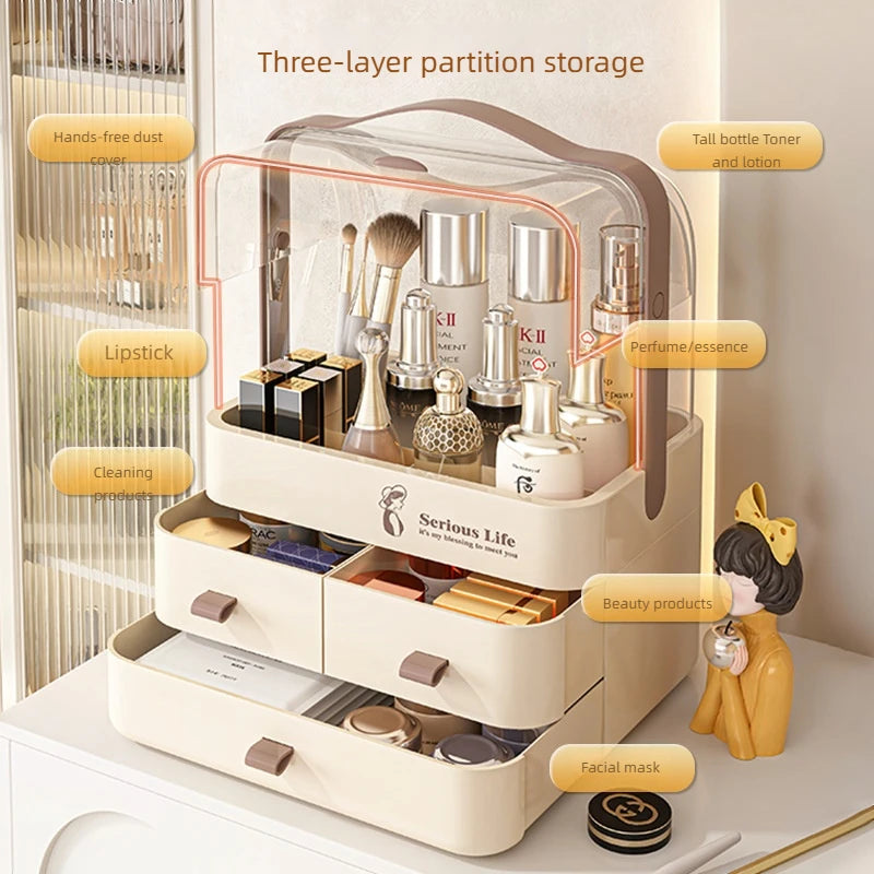 Cosmetics storage box, bedroom desktop storage, dust-proof organization, dressing table storage. I am a plastic multi-layer stor