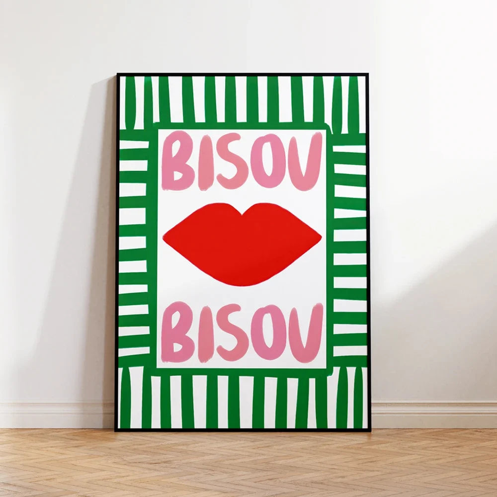 Maximalist Eclectic Pink French Quotes Bisou Bisou Bonjour Bonne Nuit Wall Art Canvas Painting Posters Living Room Home Decor