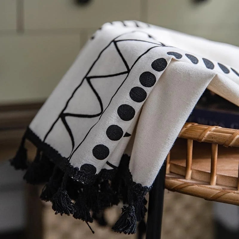 Boho Window Curtain Cotton Linen Geometric Print with Tassels Blackout Curtain for Bedroom Bay Kitchen Home Living RoomDecorate