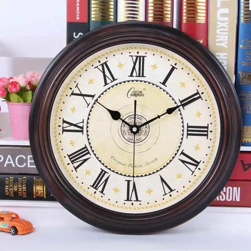33cm Retro Wall Clock Household European Living Room Quartz Clock Silent Electronic Clock Classical Retro ABS Clock Quartz Watch