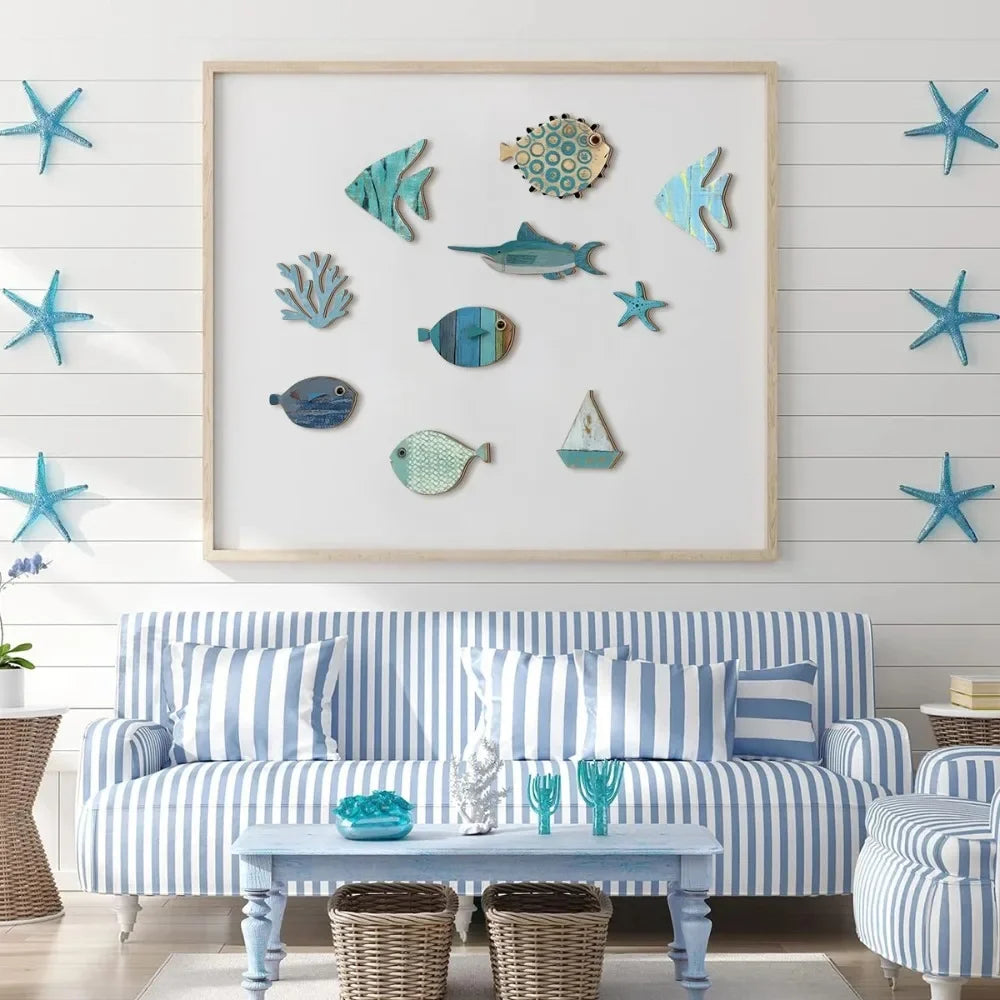 Wall Decor Handcrafted Wooden Ocean - Fish, Coral, Starfish & Sailboat Set for Home/Bathroom, Coastal Style Art Wall Decor