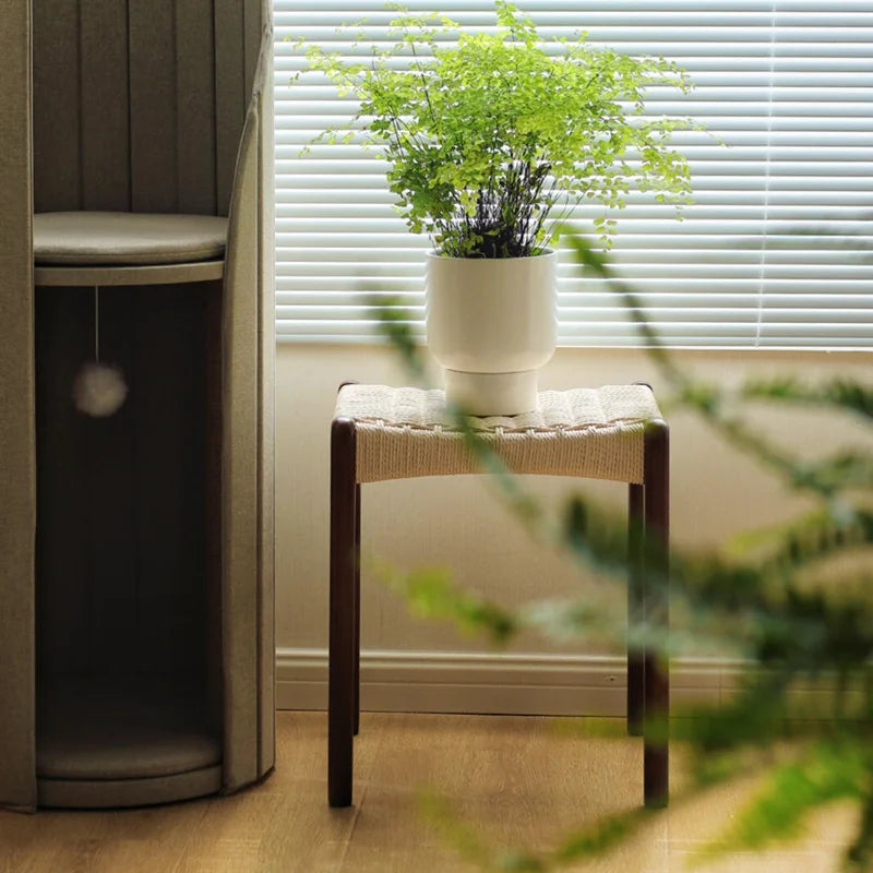 Vintage Woven Dressing Stool, Home Cherry Wood Sofa Side Table, Entryway Shoe Bench, Retro Solid Wood Square Stool