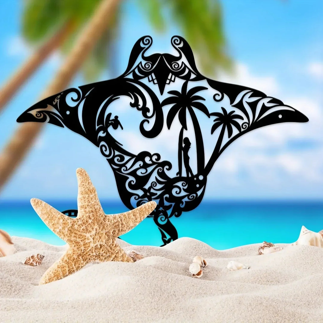 Coastal Charm Metal Manta Ray Wall Art - Beach-Themed Decor With Surfboard, Waves, Iron Art, Wall decoration, Wall Sticker