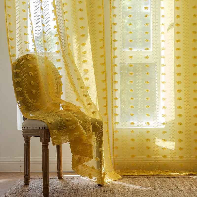 Bohemian Tufted Floral Embroidered Curtains Boho Style Voile Drapes Moroccan Living Room Bedroom  Transparent Tulle Curtain