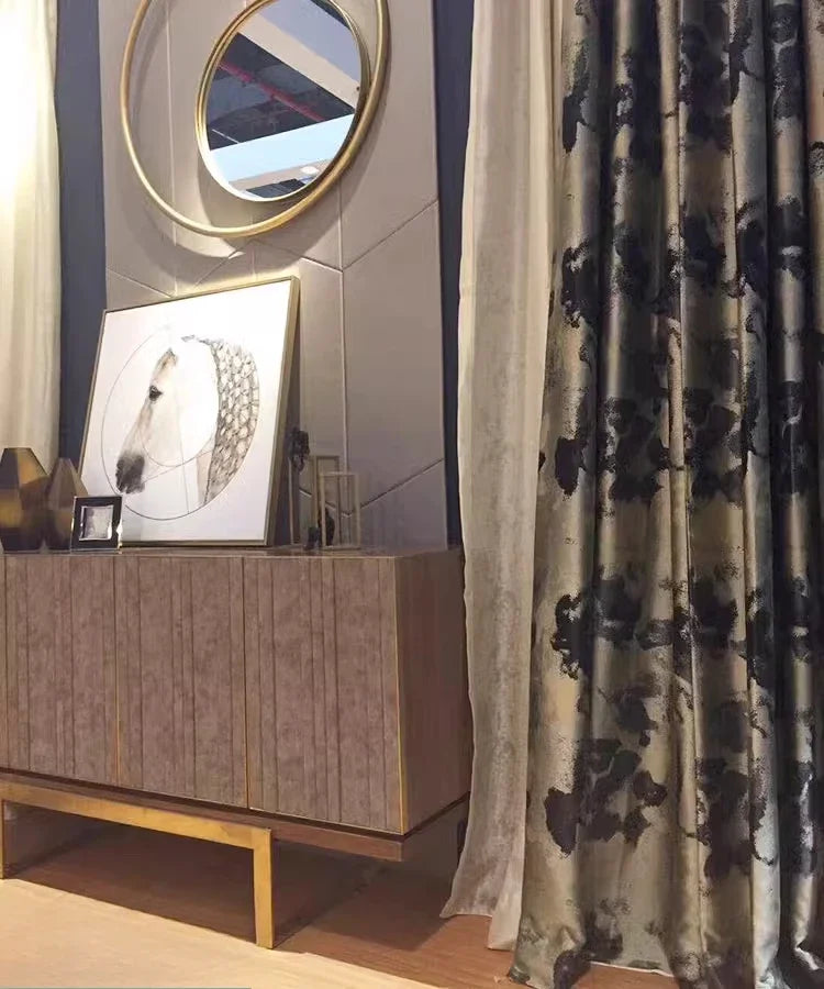 Postmodern Luxury Italian Curtains for Living Dining Room Bedroom Black Grey Gold Abstract Jacquard Simulated Silk Villa