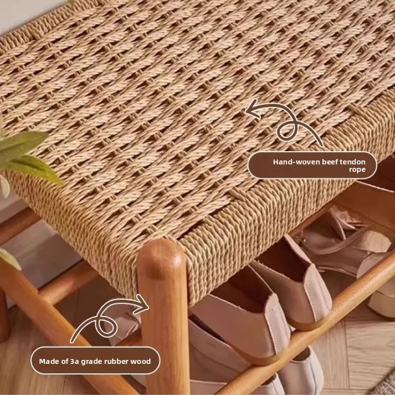 Minimalist  Wood Woven Shoe Bench, Entryway Storage Stool, Long Footrest for Bedroom or Living Room, Durable Sofa Side Stool