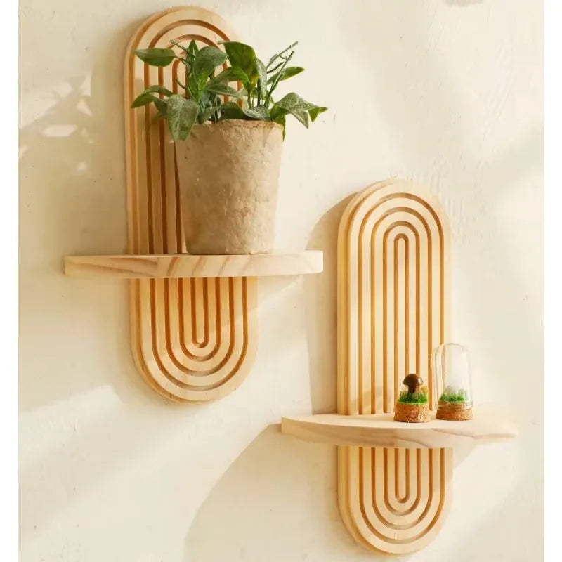 Wooden Wall Mounted Storage Rack Boho Style Display Shelves Modern Home Decor for Living Room, Bathroom Decoration