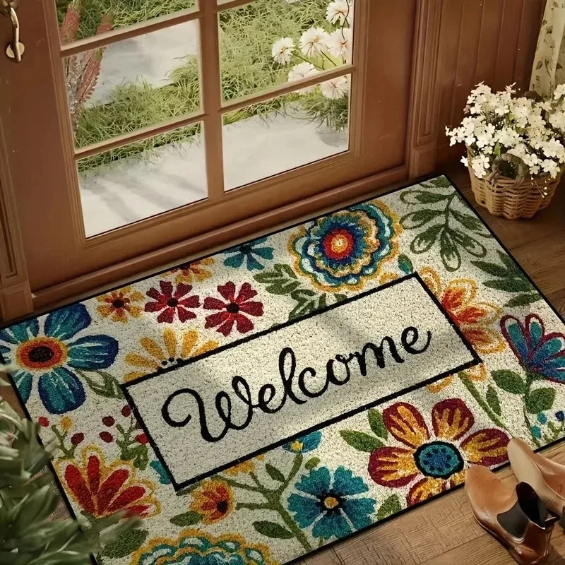 Farmhouse Welcome Floral Doormat Black White Plaid Design Mat Kitchen Entryway Balcony Living Room Rustic Home Decor Patio Mat