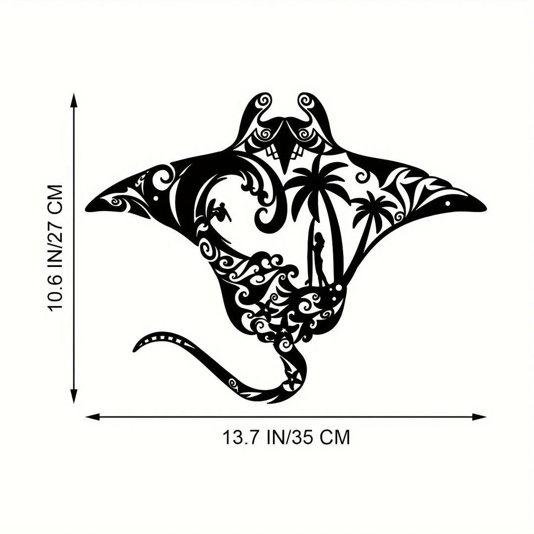 Coastal Charm Metal Manta Ray Wall Art - Beach-Themed Decor With Surfboard, Waves, Starfish & Palm Silhouette For Living Room