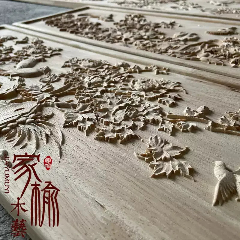Solid Wood Wall Hanging Carving, Traditional Chinese Style Floral and Bird Relief Antique Style Wooden Partition for Home Decor