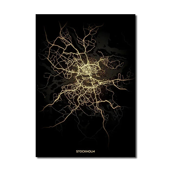 Classic Abstract Wall Art – Black and Gold World City Map HD Canvas Print Poster for Home, Living Room, and Bedroom Decor