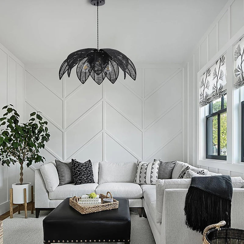 Bohemia Linen Pendant Light Retro Rattan Chandelier for Bedroom Living Dining Room Restaurant Rattan Hand-woven Pendant Lamp