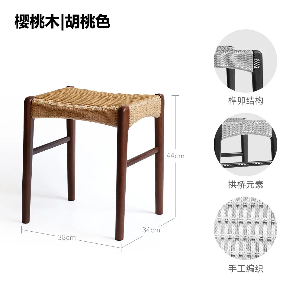 Vintage Woven Dressing Stool, Home Cherry Wood Sofa Side Table, Entryway Shoe Bench, Retro Solid Wood Square Stool