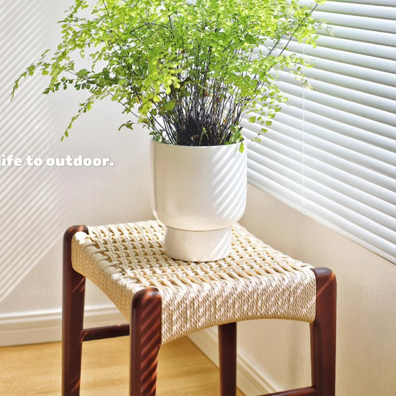 Vintage Woven Dressing Stool, Home Cherry Wood Sofa Side Table, Entryway Shoe Bench, Retro Solid Wood Square Stool