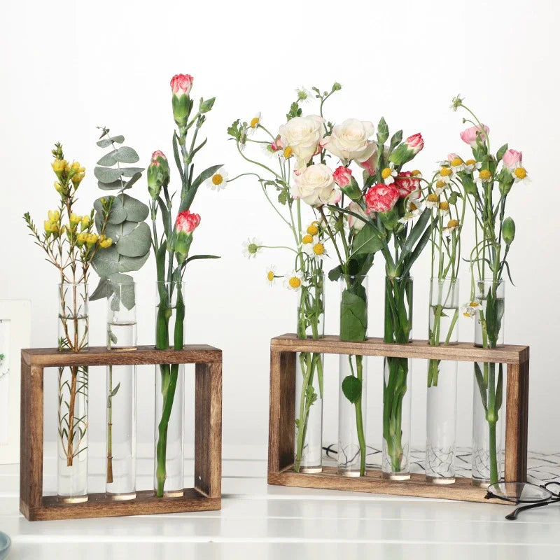 Plant Test Tube Hydroponic Vase Water-grown Flower Arrangement Plant Container Simple Wooden Frame Decors Creative Glass Vases
