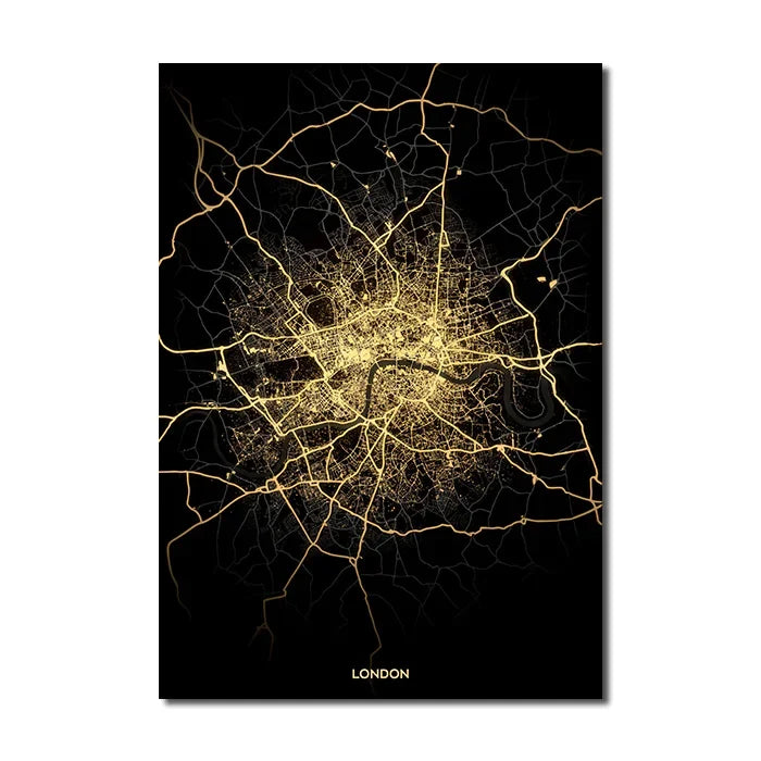 Classic Abstract Wall Art – Black and Gold World City Map HD Canvas Print Poster for Home, Living Room, and Bedroom Decor
