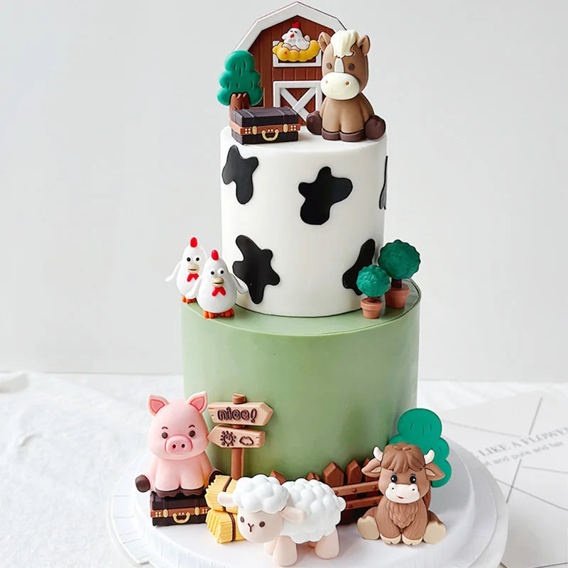 Farm Animals Cake Topper Farm Wooden House Yaks Ponies Sheep Piglets Chickens Cake Decorations Kids Birthday Party Supplies