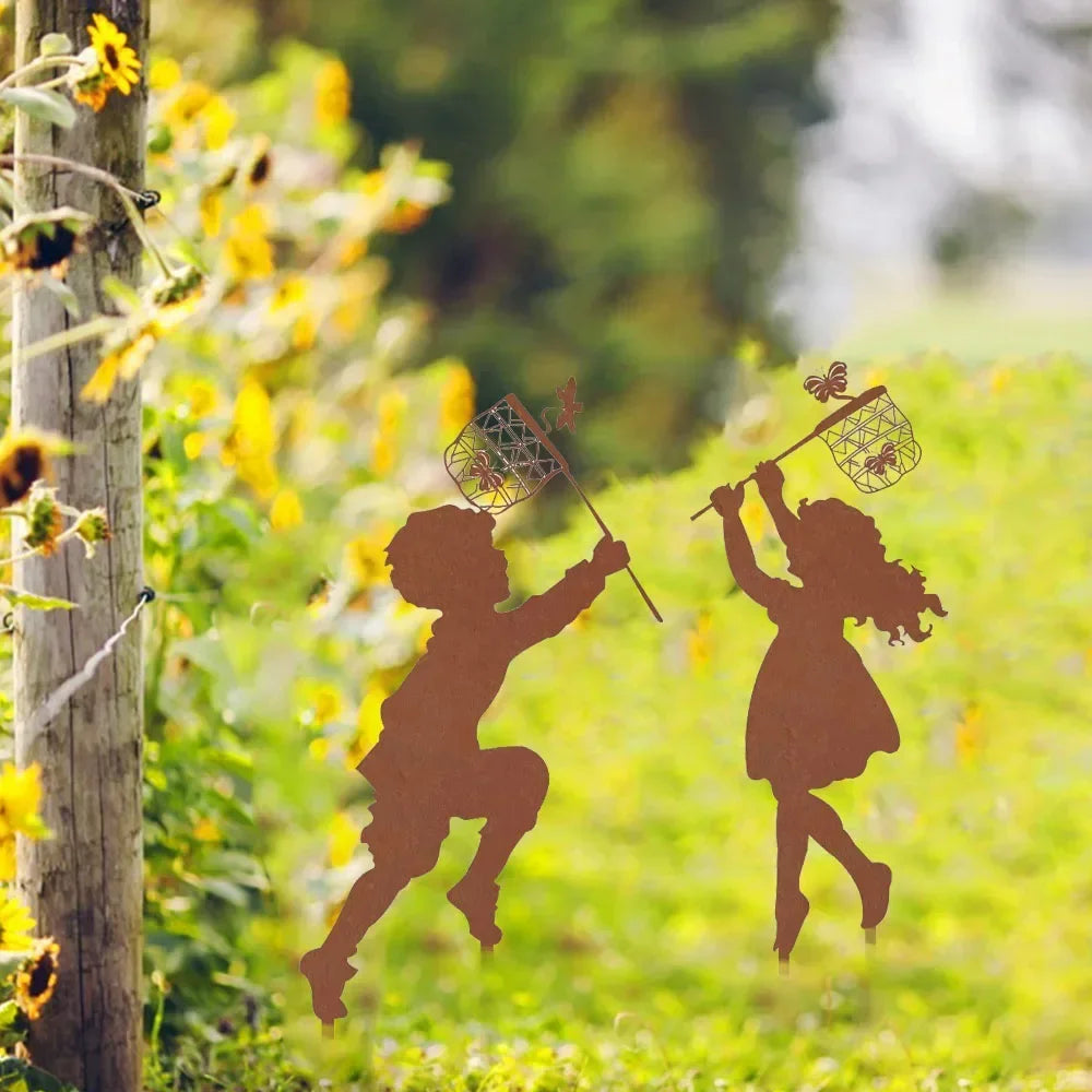 Adorable Outdoor Farmhouse Decor – Cute Boy and Girl Art Adds Whimsy to Your Garden