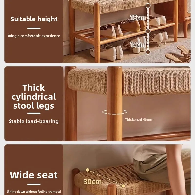 Minimalist  Wood Woven Shoe Bench, Entryway Storage Stool, Long Footrest for Bedroom or Living Room, Durable Sofa Side Stool