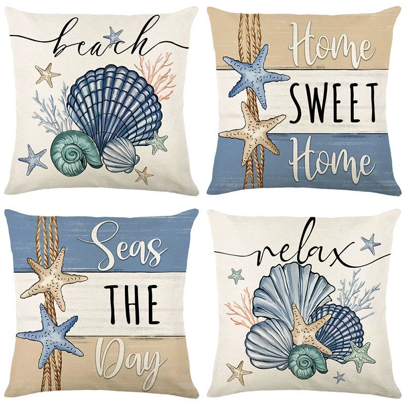 Throw Pillow Case Sea Theme Decorative Square Cotton Linen Cushion Cover for 18X18 Inch Pillow Inserts, 4Pack Pillow Covers